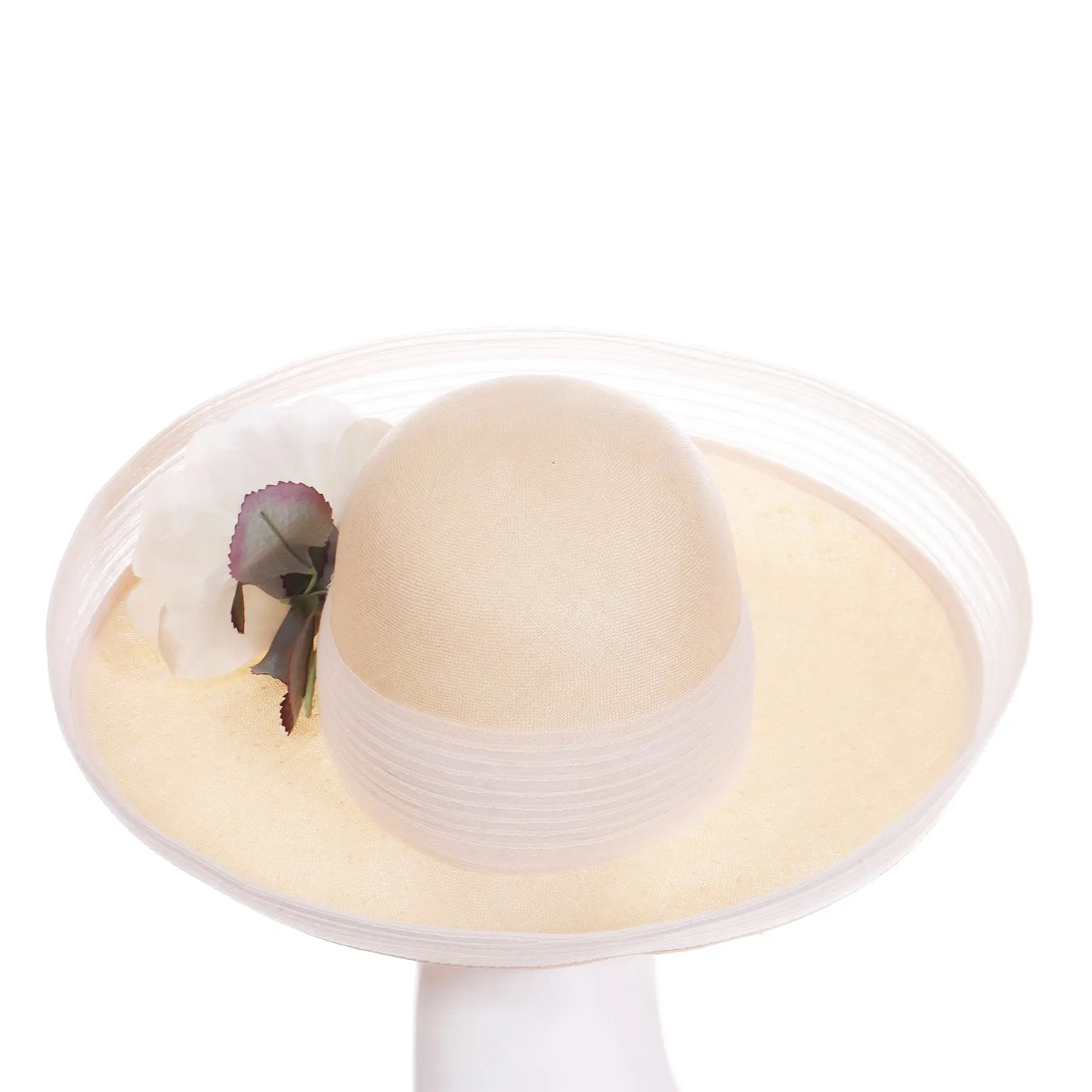 1980s Oscar de la Renta Natural Straw Hat w White Mesh Trim