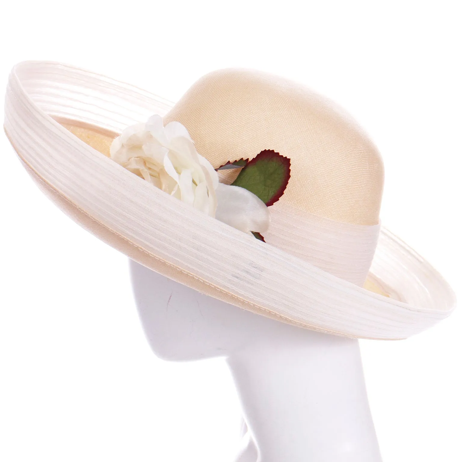 1980s Oscar de la Renta Natural Straw Hat w White Mesh Trim