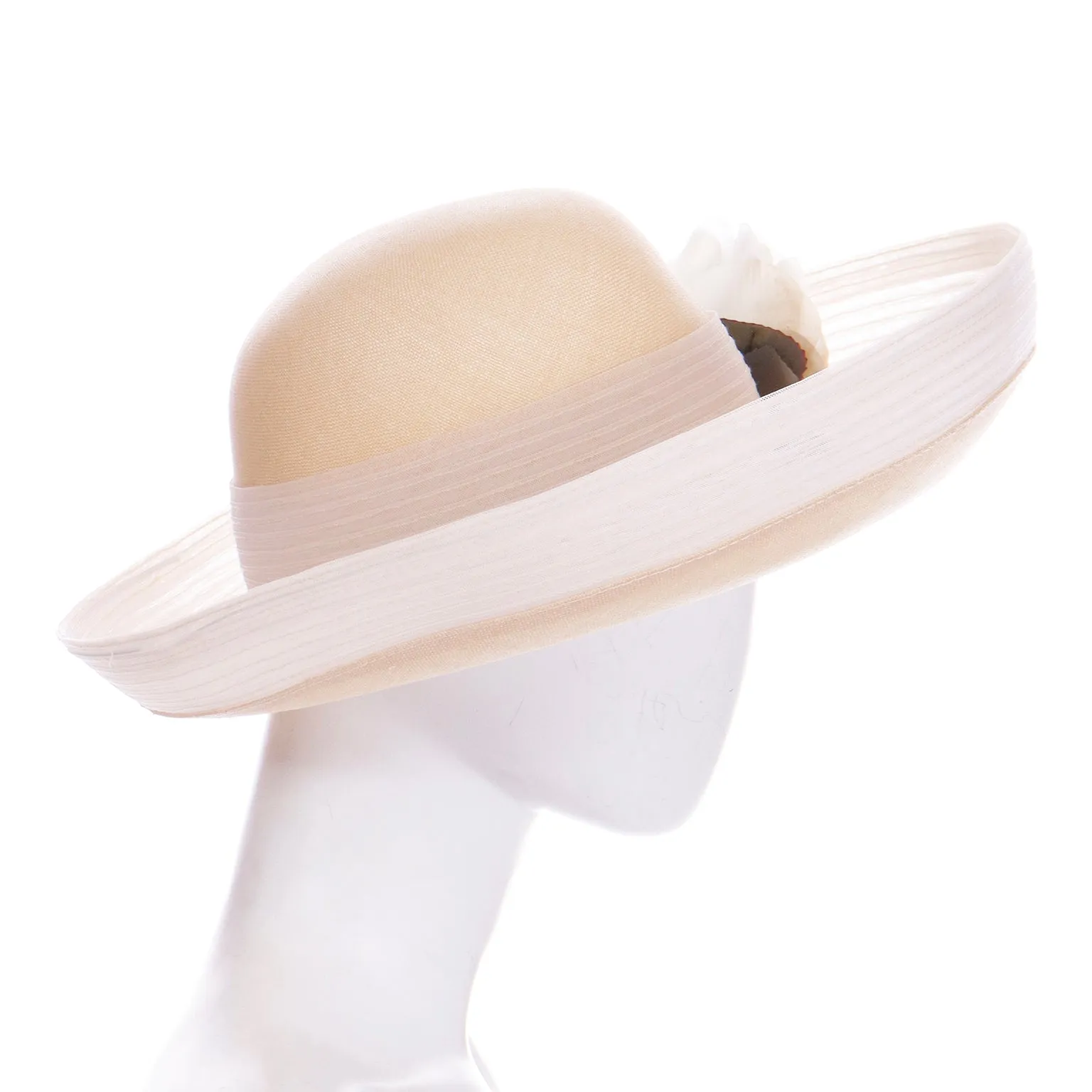 1980s Oscar de la Renta Natural Straw Hat w White Mesh Trim