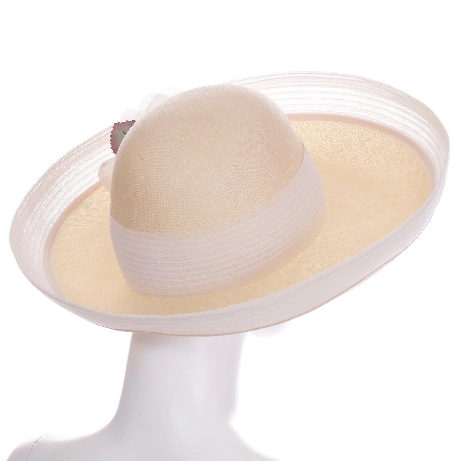 1980s Oscar de la Renta Natural Straw Hat w White Mesh Trim