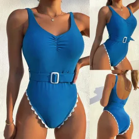 2025 Sexy One-Piece Swimsuit | Women's Blue Pleated V-Neck Bathing Suit with Decorative Waistband, Beachwear Swimwear