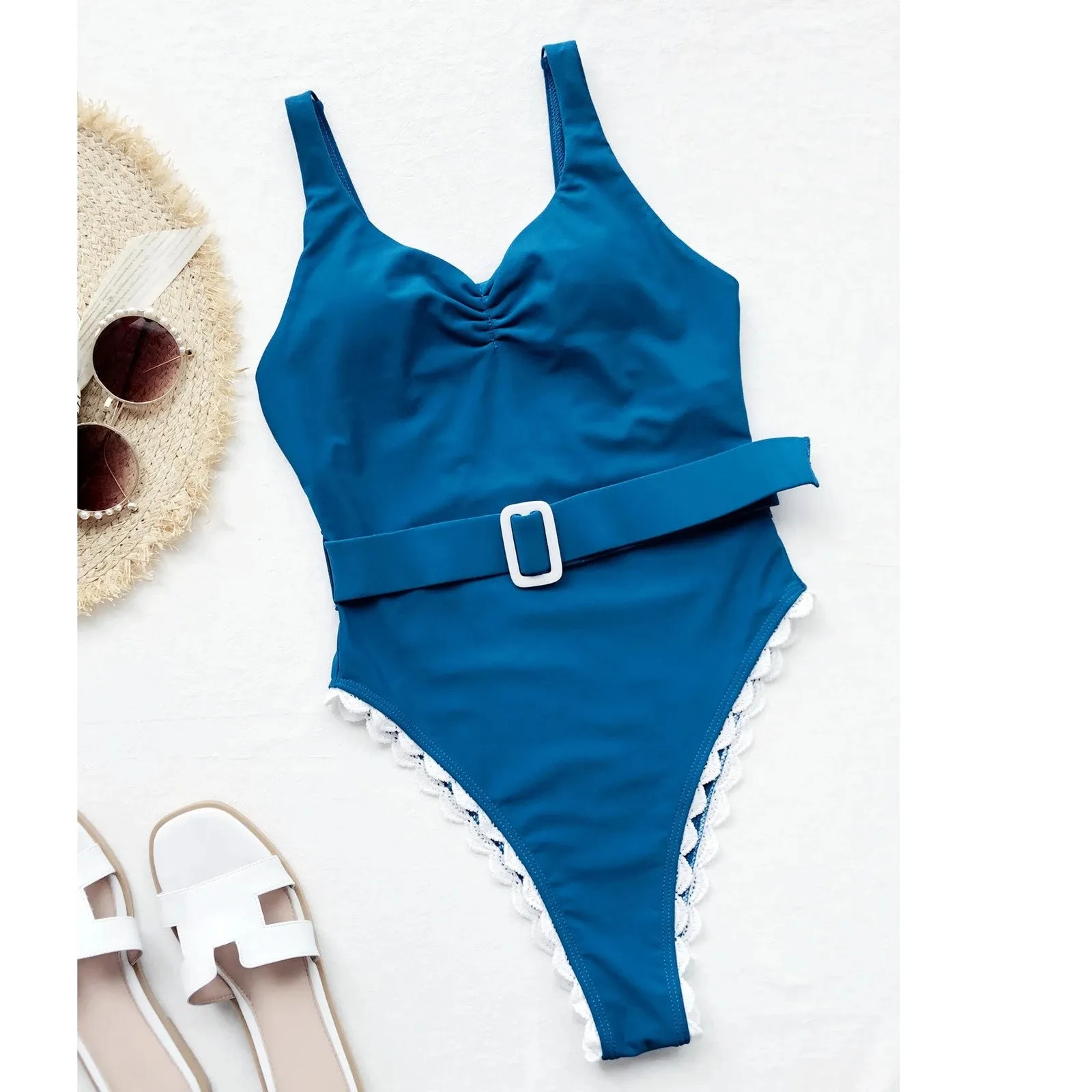2025 Sexy One-Piece Swimsuit | Women's Blue Pleated V-Neck Bathing Suit with Decorative Waistband, Beachwear Swimwear