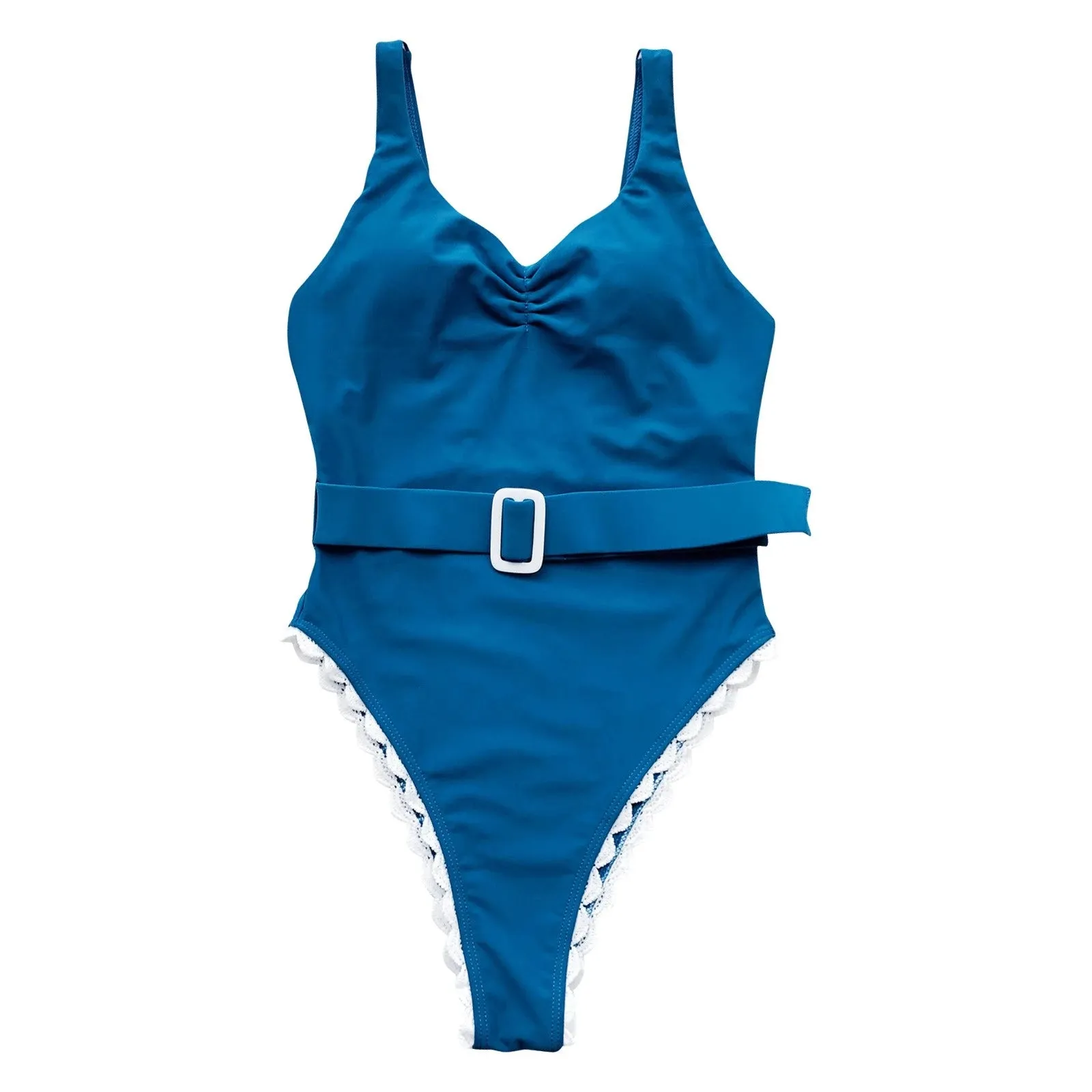 2025 Sexy One-Piece Swimsuit | Women's Blue Pleated V-Neck Bathing Suit with Decorative Waistband, Beachwear Swimwear