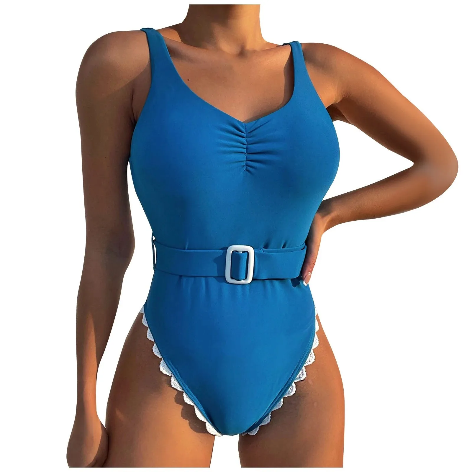 2025 Sexy One-Piece Swimsuit | Women's Blue Pleated V-Neck Bathing Suit with Decorative Waistband, Beachwear Swimwear
