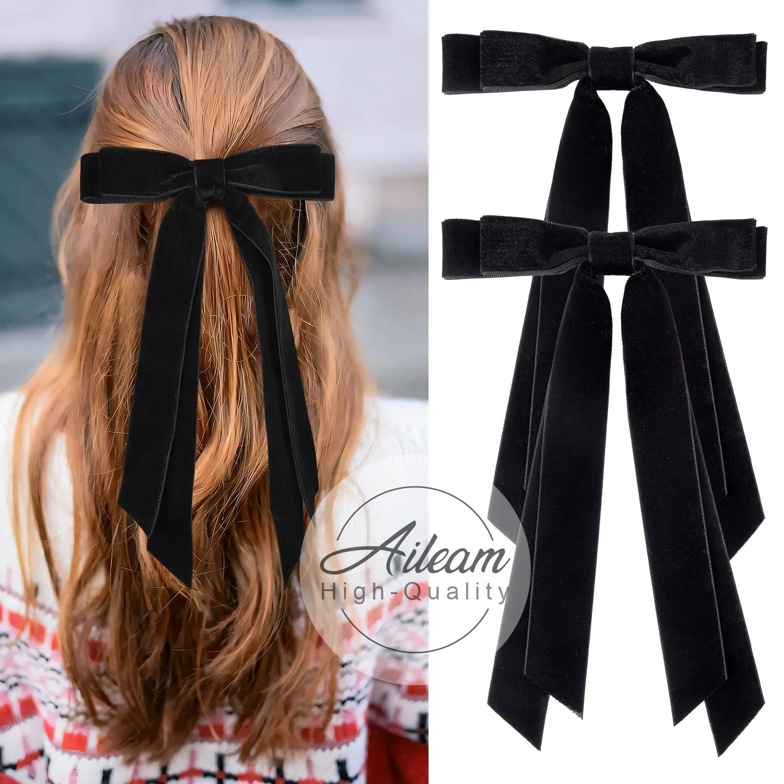 2PCS Velvet Hair Bows Ribbon Hair Clip Black Accessories Ponytail Holder Accessories Slides Metal Clips Hair Bow for Women Girls Toddlers Teens Kids