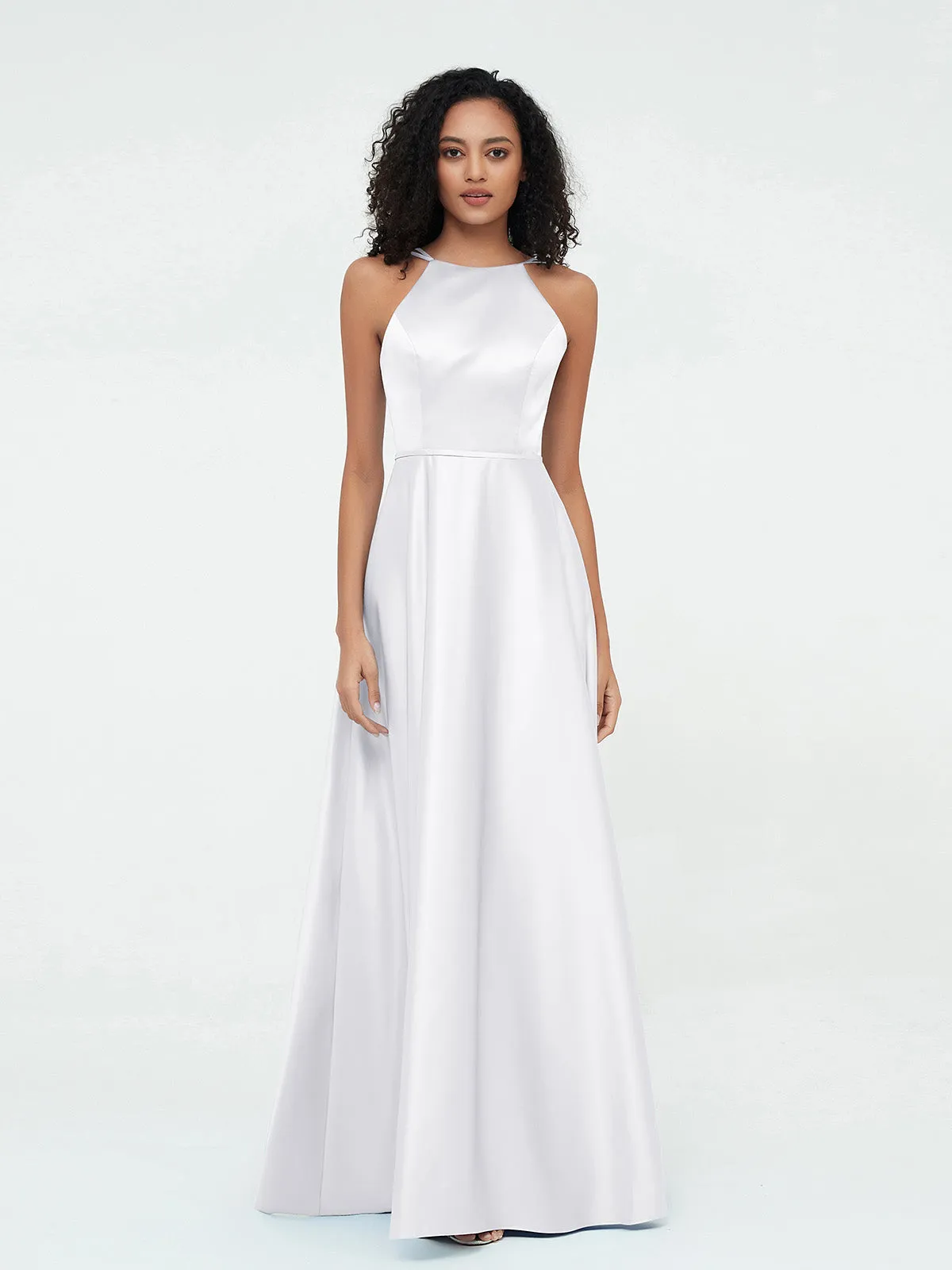A-ligne Robes Maxi à Licou en Satin avec Poches Blanc Grande Taille