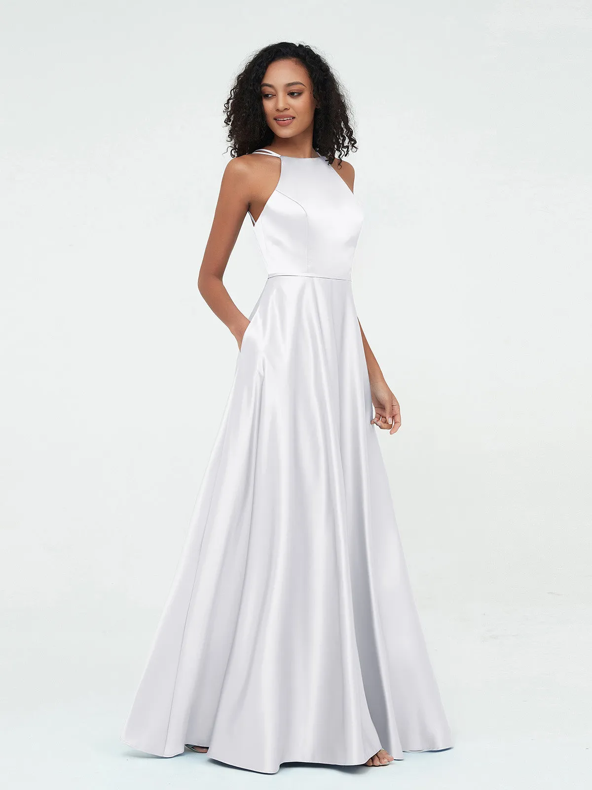 A-ligne Robes Maxi à Licou en Satin avec Poches Blanc Grande Taille