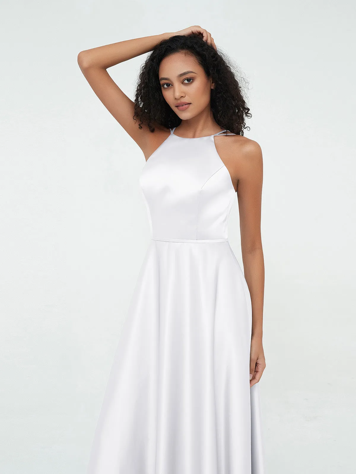 A-ligne Robes Maxi à Licou en Satin avec Poches Blanc Grande Taille