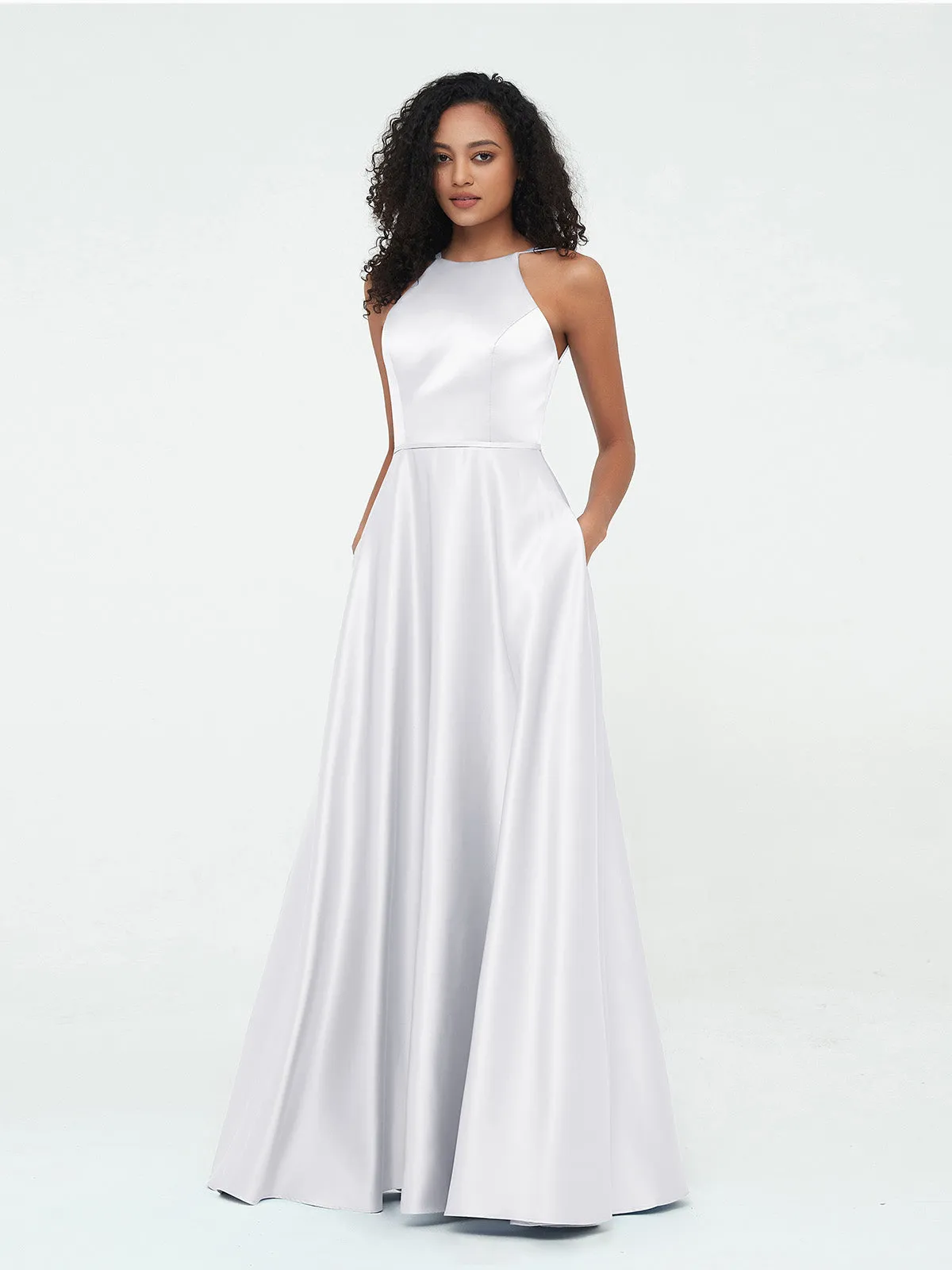 A-ligne Robes Maxi à Licou en Satin avec Poches Blanc Grande Taille