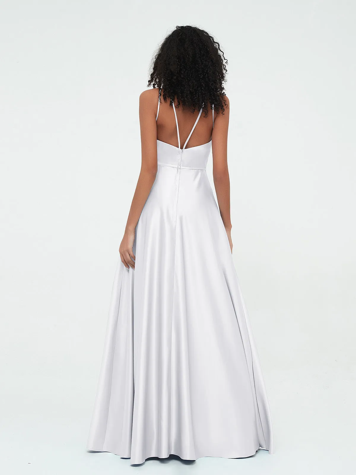 A-ligne Robes Maxi à Licou en Satin avec Poches Blanc Grande Taille