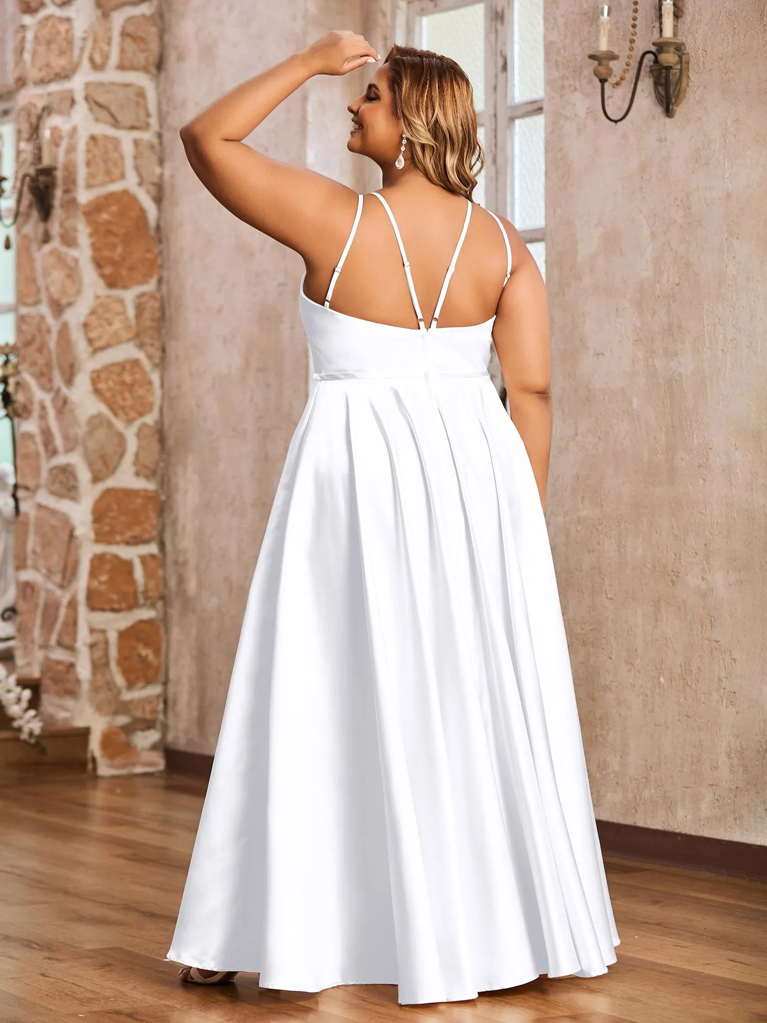 A-ligne Robes Maxi à Licou en Satin avec Poches Blanc Grande Taille