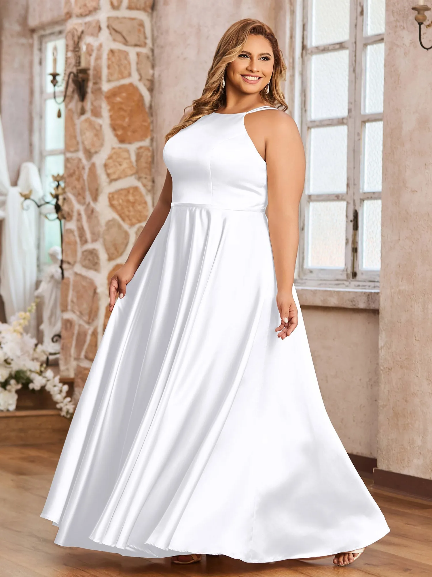A-ligne Robes Maxi à Licou en Satin avec Poches Blanc Grande Taille