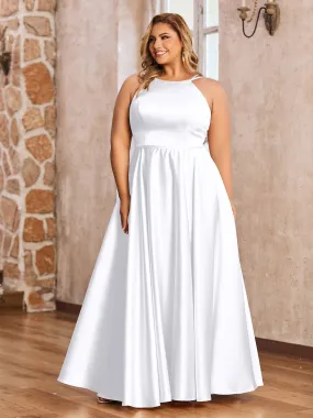 A-ligne Robes Maxi à Licou en Satin avec Poches Blanc Grande Taille