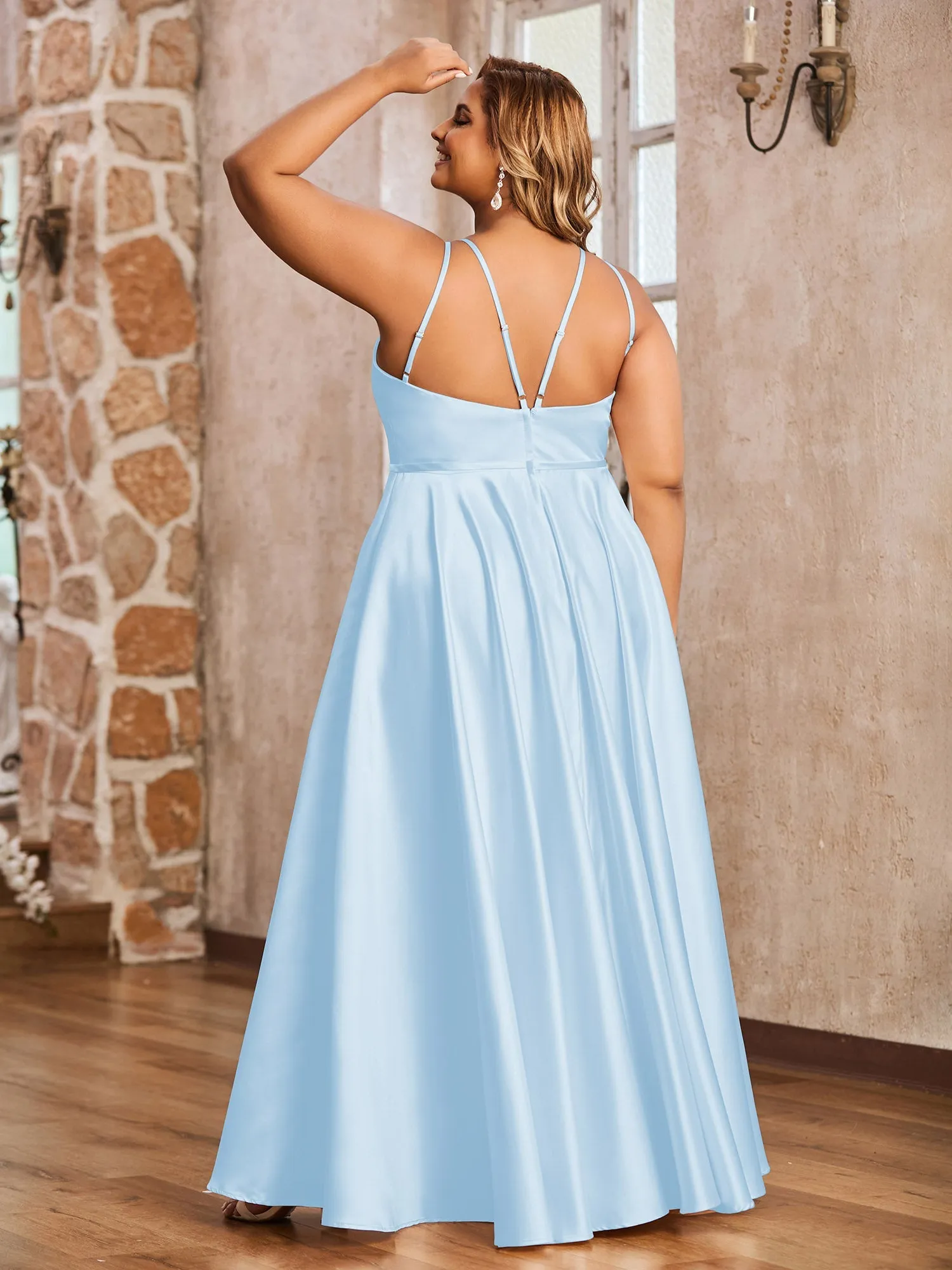 A-ligne Robes Maxi à Licou en Satin avec Poches Bleu Ciel Grande Taille