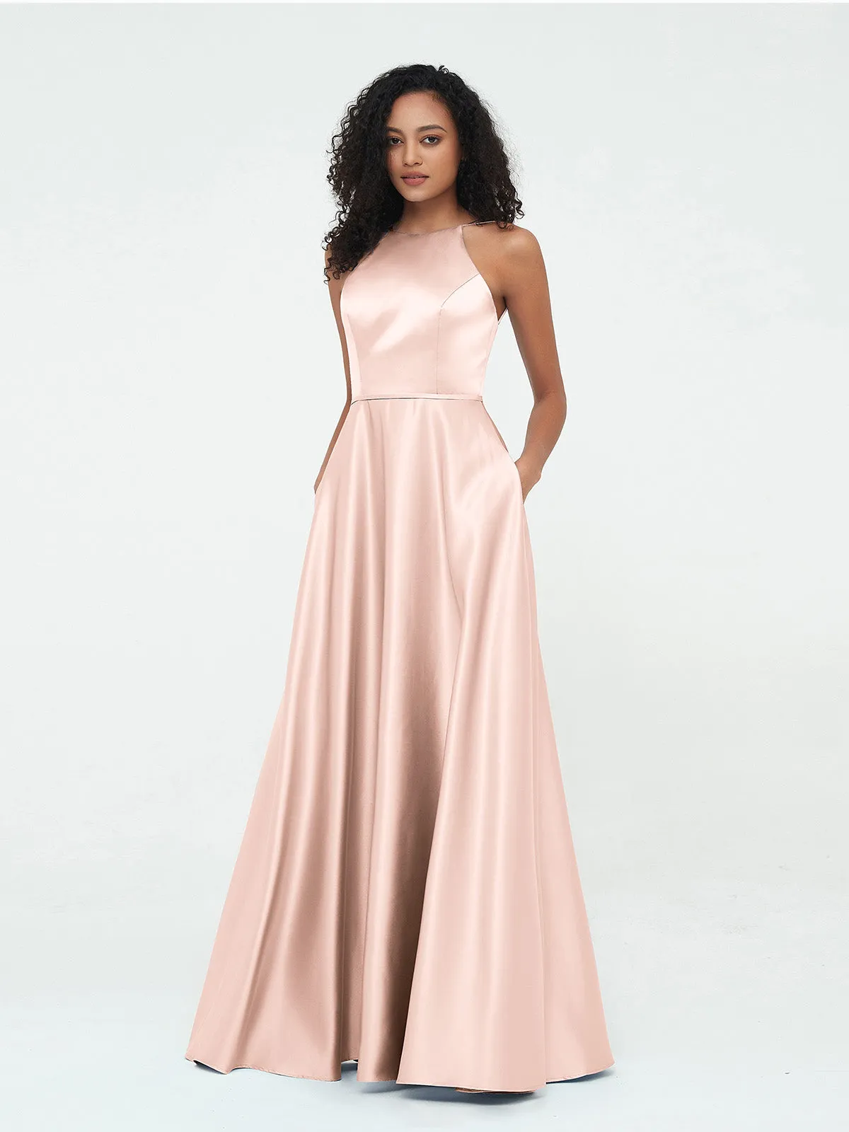 A-ligne Robes Maxi à Licou en Satin avec Poches Bleu Ciel Grande Taille
