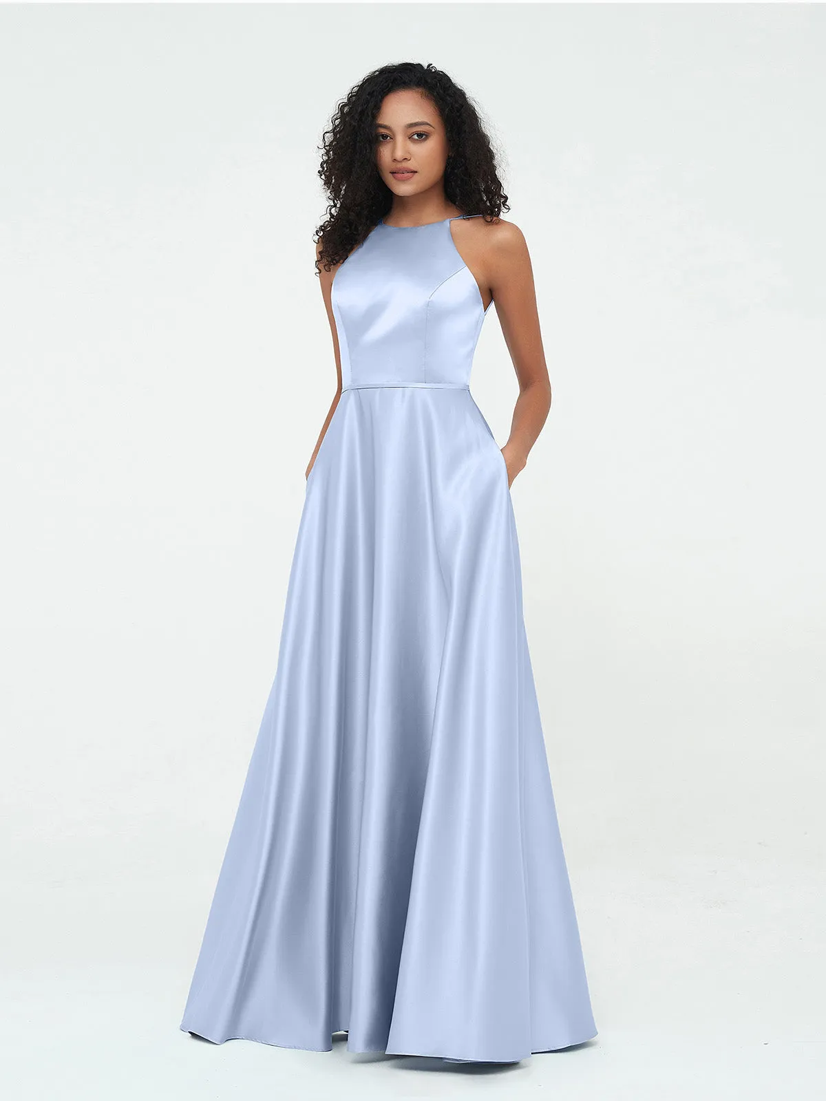 A-ligne Robes Maxi à Licou en Satin avec Poches Bleu Ciel Grande Taille