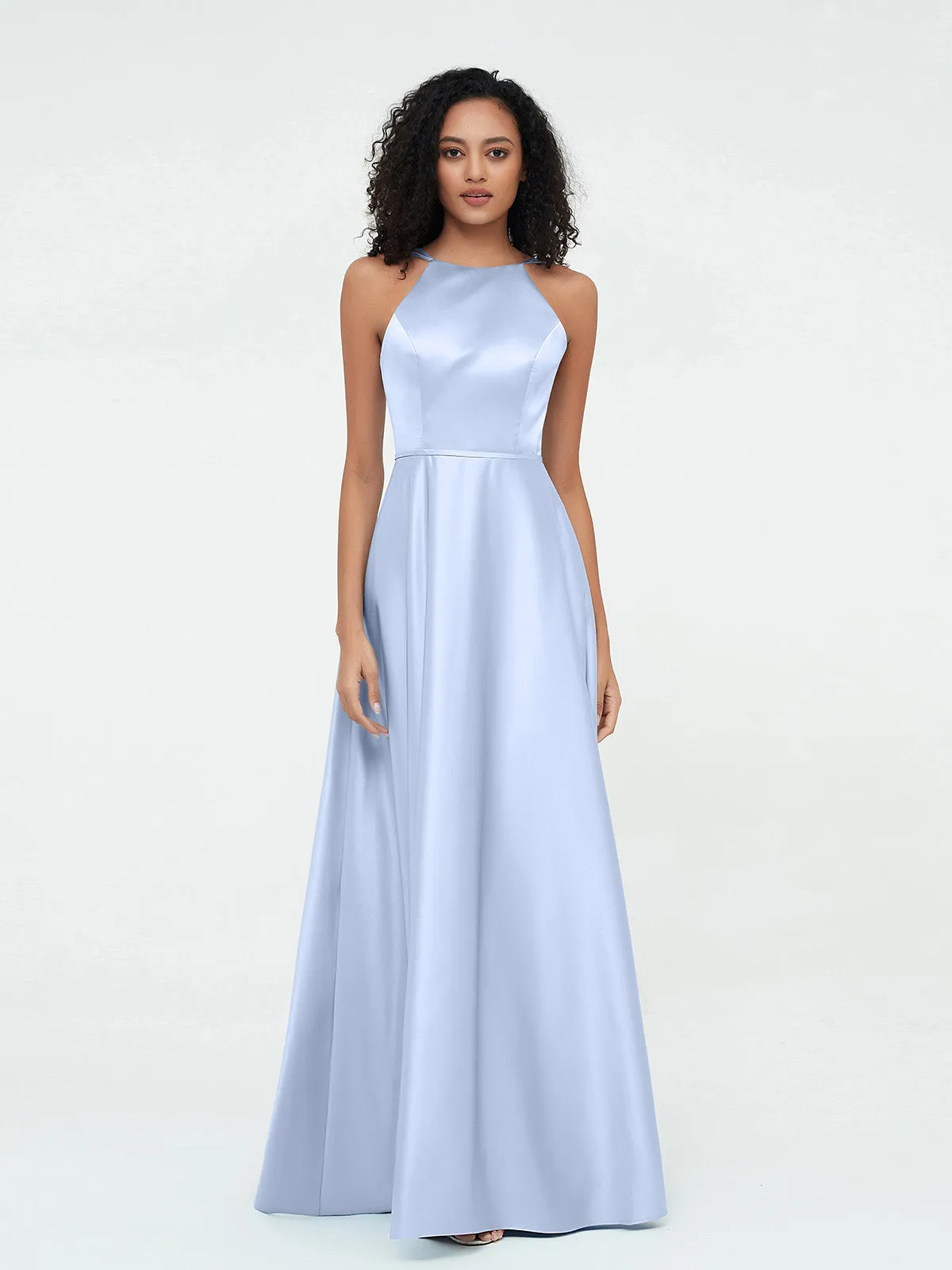 A-ligne Robes Maxi à Licou en Satin avec Poches Bleu Ciel Grande Taille
