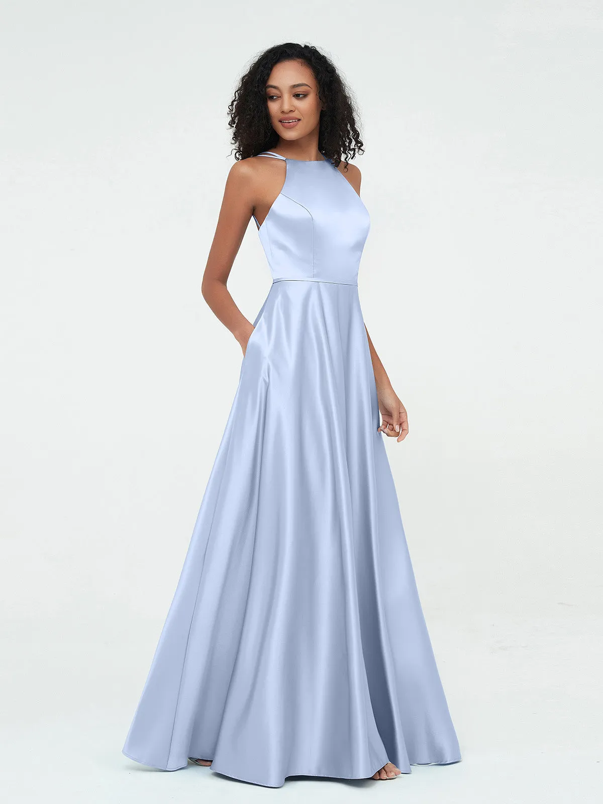 A-ligne Robes Maxi à Licou en Satin avec Poches Bleu Ciel Grande Taille