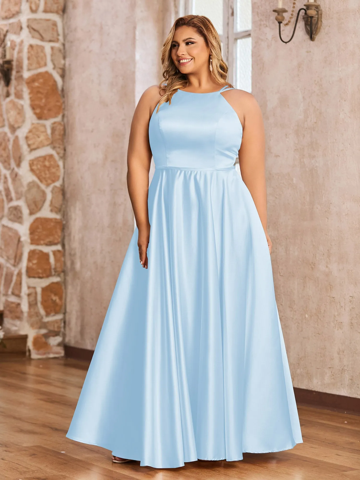 A-ligne Robes Maxi à Licou en Satin avec Poches Bleu Ciel Grande Taille
