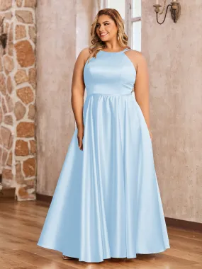 A-ligne Robes Maxi à Licou en Satin avec Poches Bleu Ciel Grande Taille
