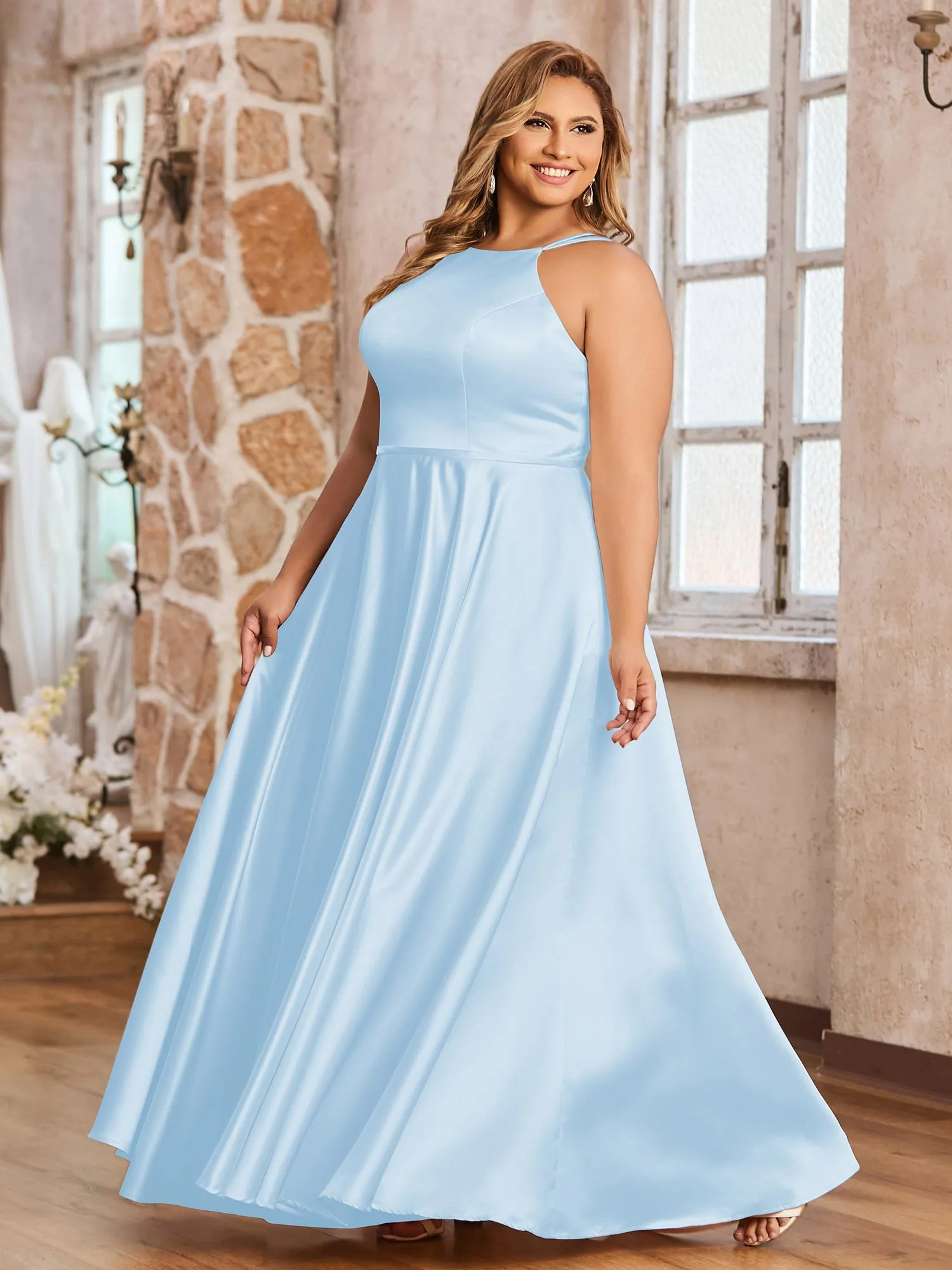 A-ligne Robes Maxi à Licou en Satin avec Poches Bleu Ciel Grande Taille
