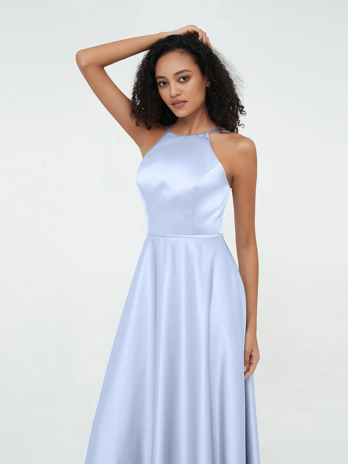 A-ligne Robes Maxi à Licou en Satin avec Poches Bleu Ciel Grande Taille