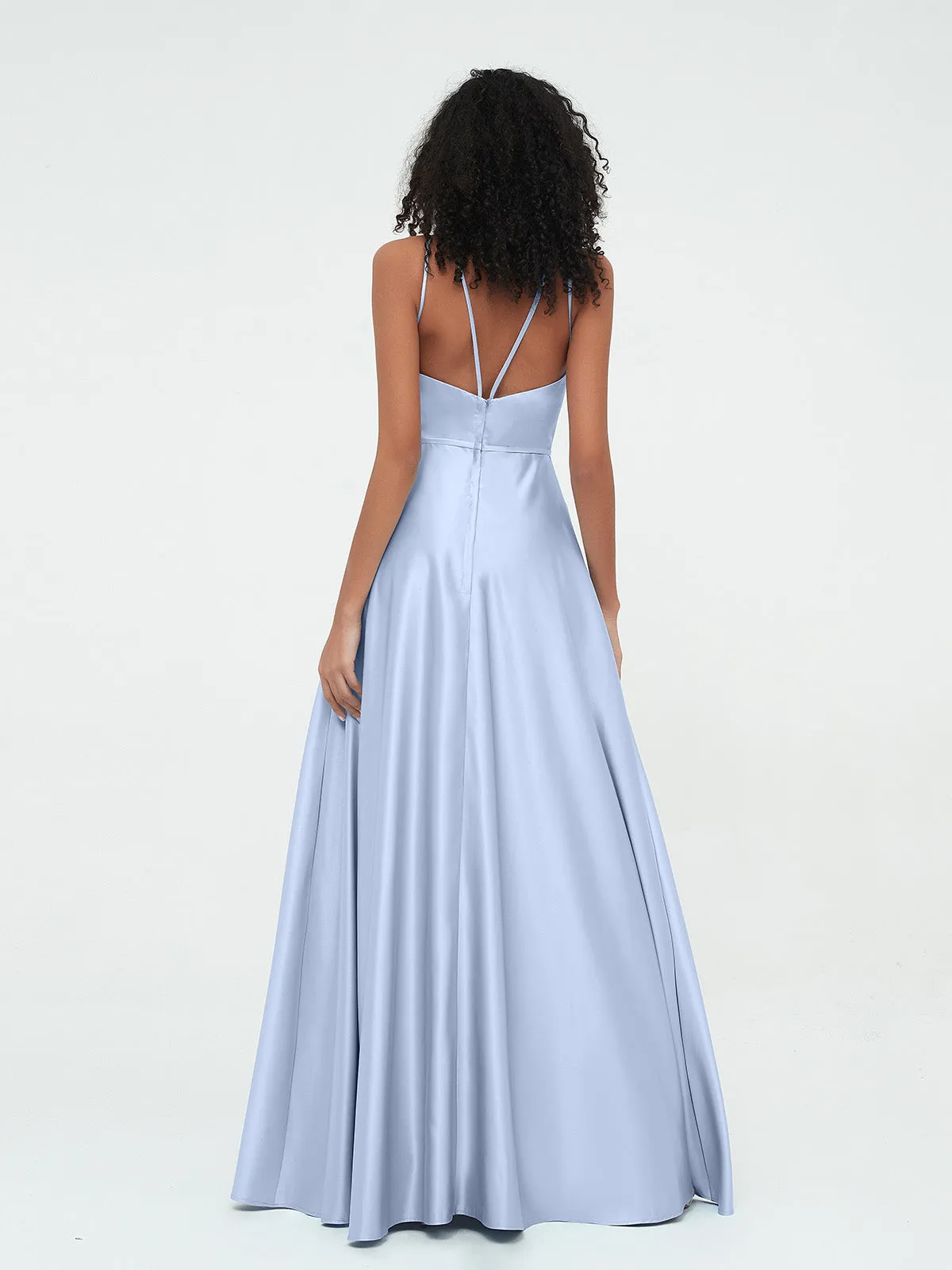 A-ligne Robes Maxi à Licou en Satin avec Poches Bleu Ciel Grande Taille