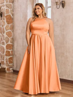 A-ligne Robes Maxi à Licou en Satin avec Poches Orange Grande Taille