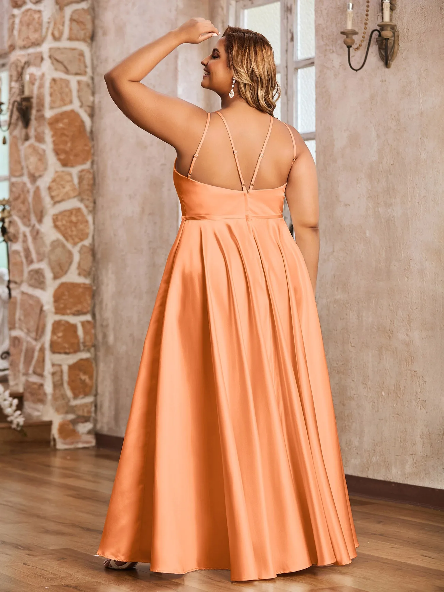A-ligne Robes Maxi à Licou en Satin avec Poches Orange Grande Taille