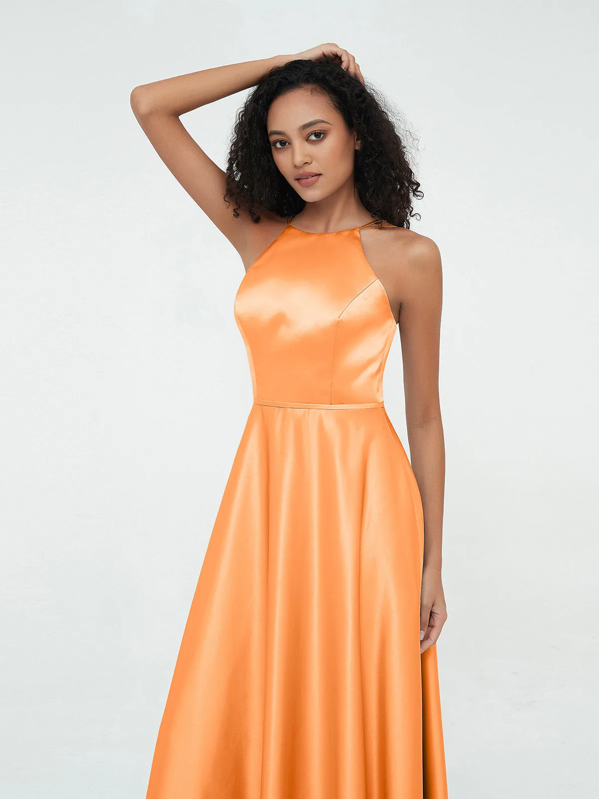 A-ligne Robes Maxi à Licou en Satin avec Poches Orange Grande Taille