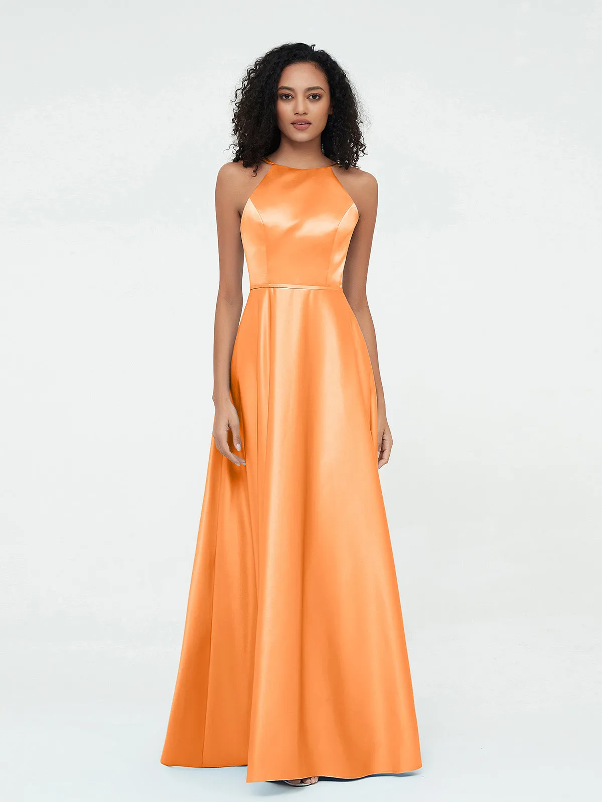 A-ligne Robes Maxi à Licou en Satin avec Poches Orange Grande Taille