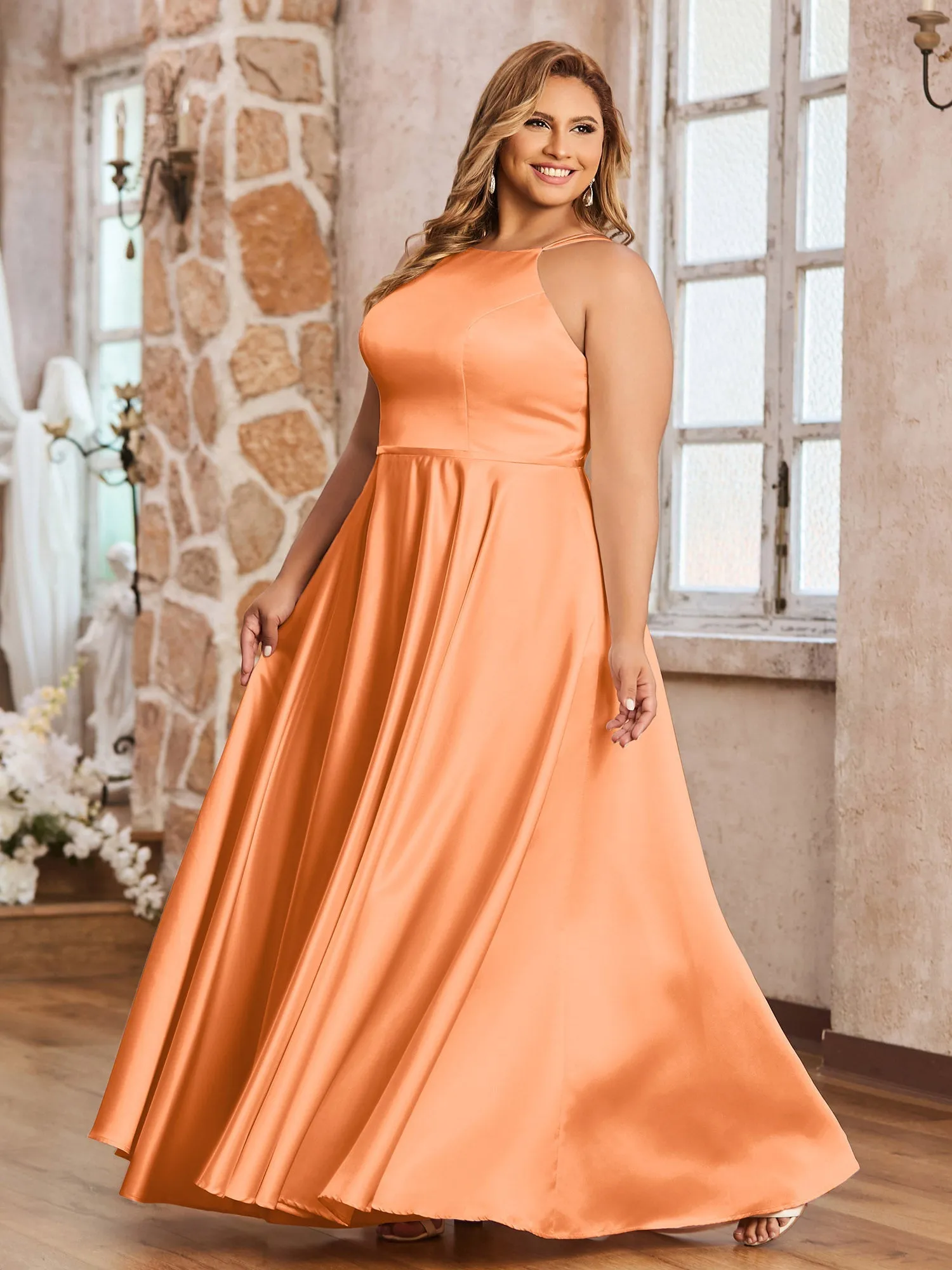 A-ligne Robes Maxi à Licou en Satin avec Poches Orange Grande Taille