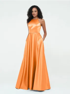 A-ligne Robes Maxi à Licou en Satin avec Poches Orange