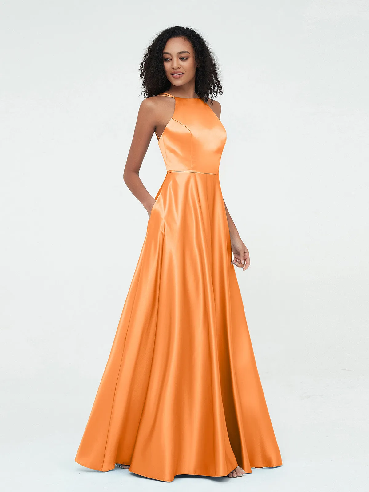 A-ligne Robes Maxi à Licou en Satin avec Poches Orange
