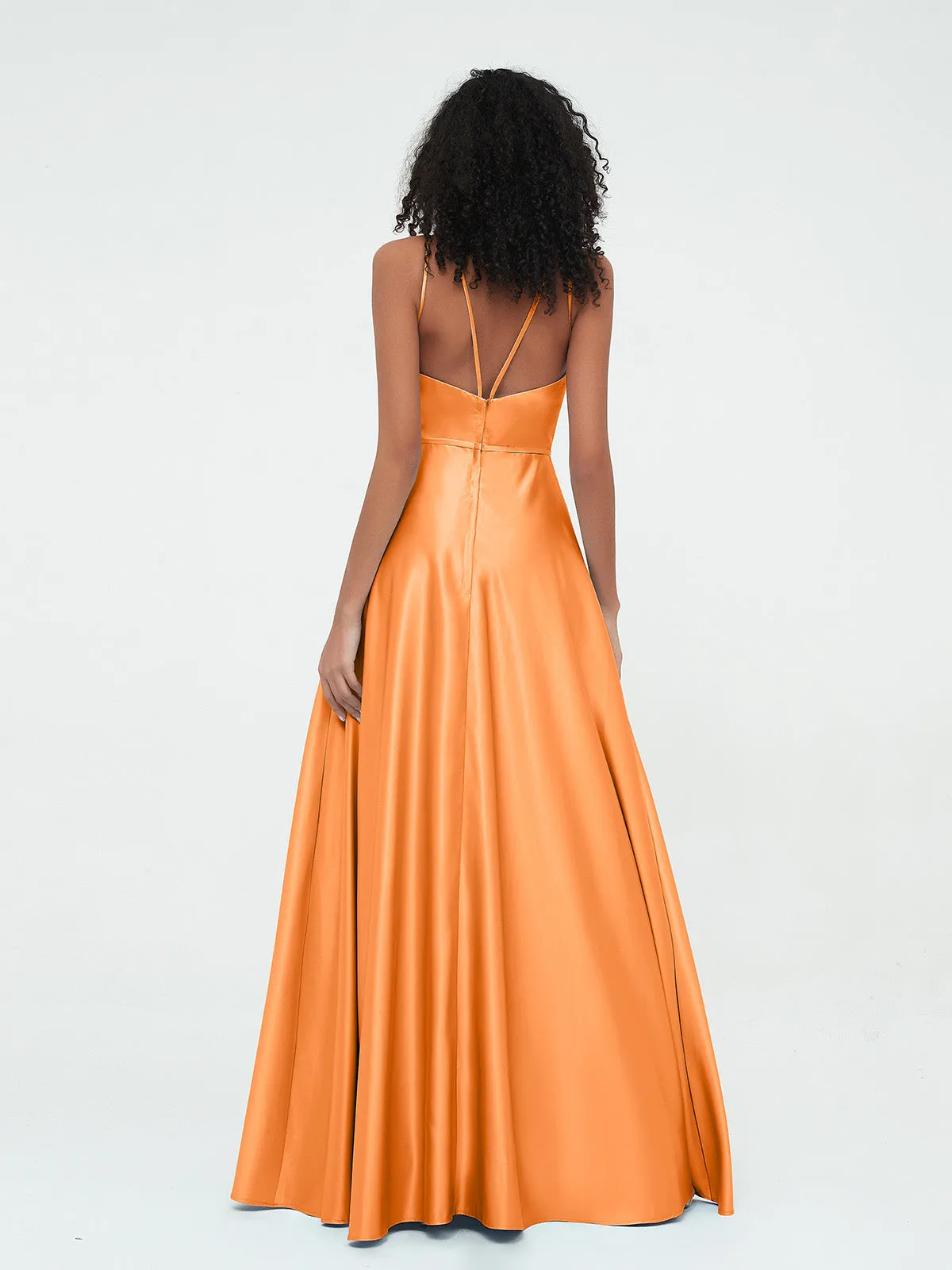 A-ligne Robes Maxi à Licou en Satin avec Poches Orange