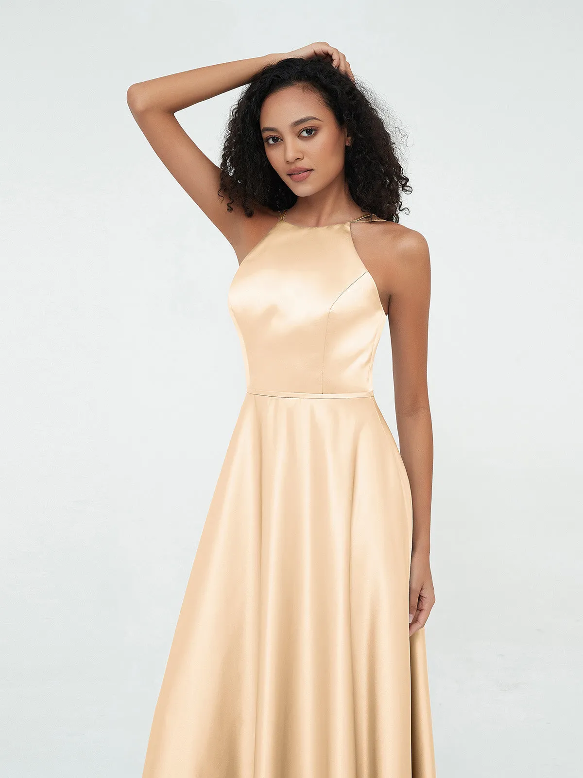 A-ligne Robes Maxi à Licou en Satin avec Poches Pêche