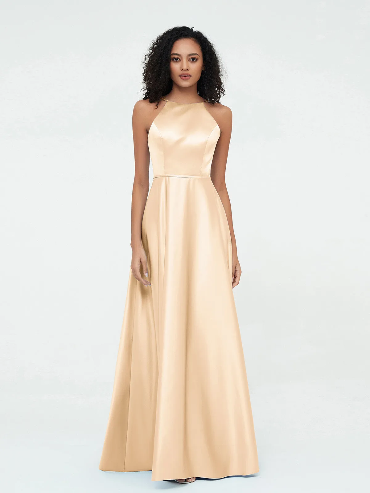 A-ligne Robes Maxi à Licou en Satin avec Poches Pêche