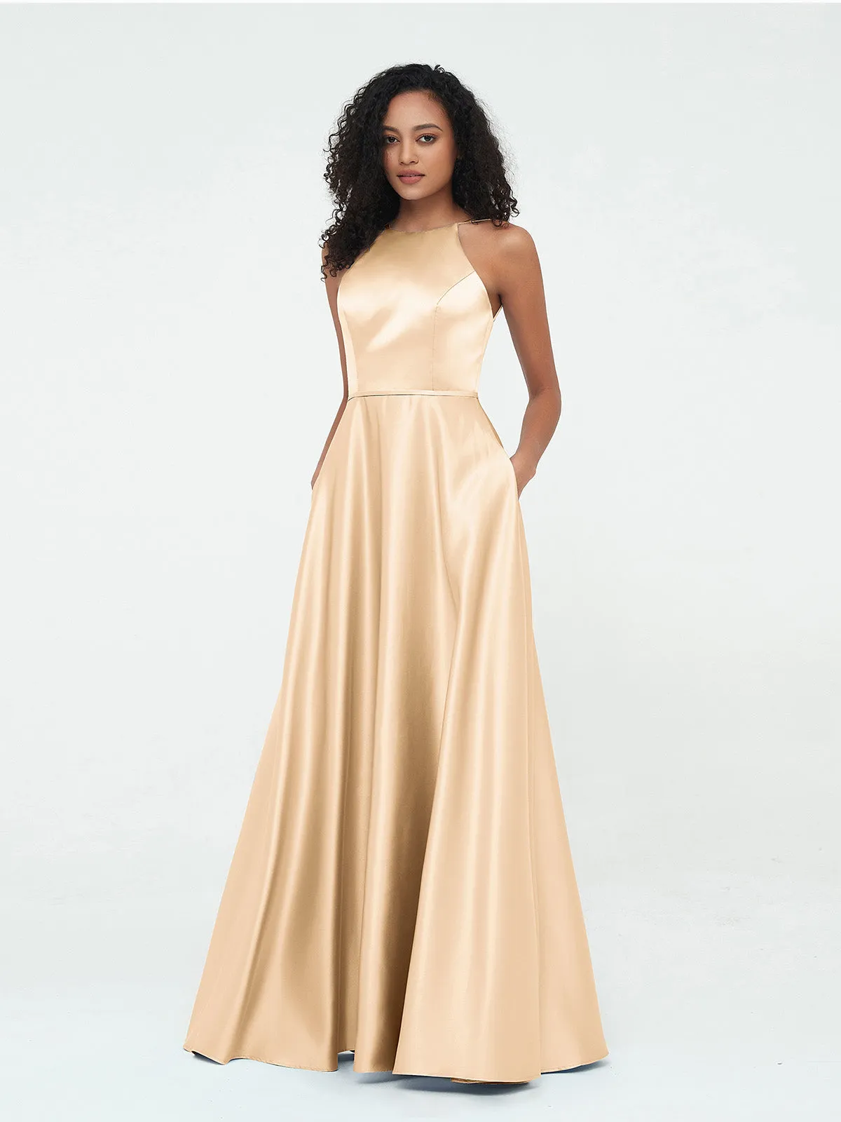 A-ligne Robes Maxi à Licou en Satin avec Poches Pêche