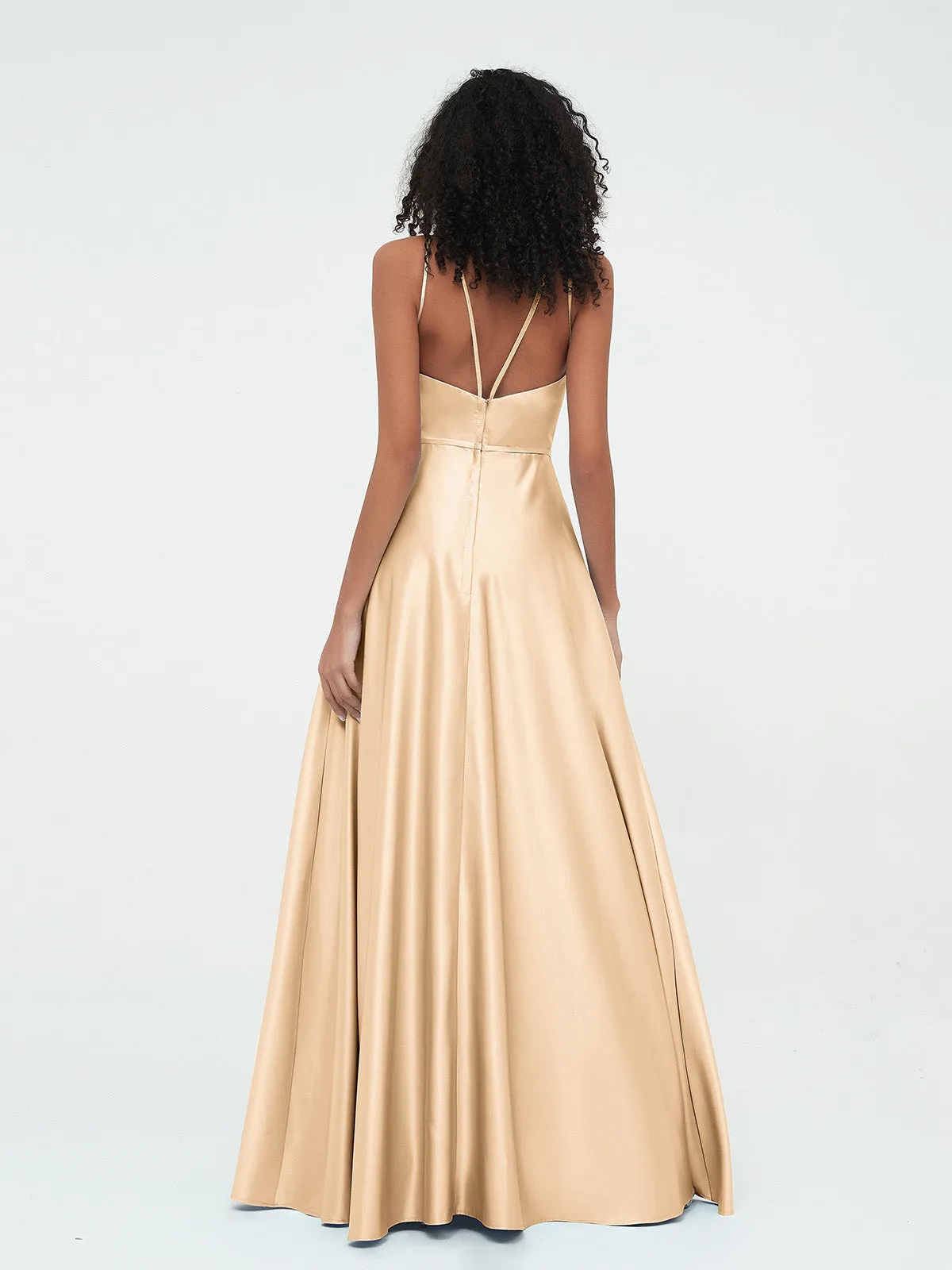 A-ligne Robes Maxi à Licou en Satin avec Poches Pêche