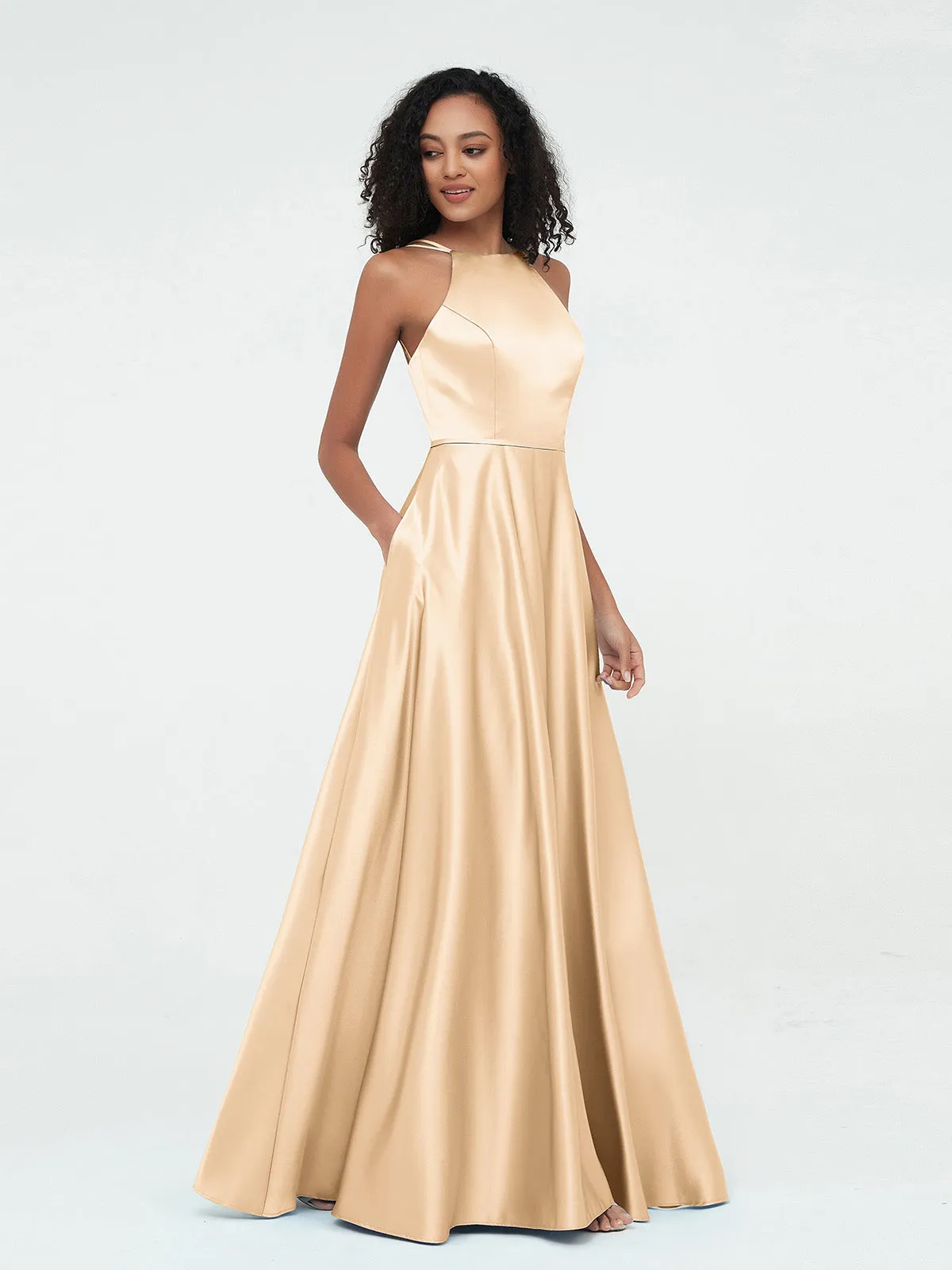 A-ligne Robes Maxi à Licou en Satin avec Poches Pêche