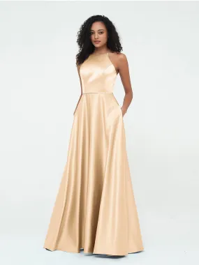 A-ligne Robes Maxi à Licou en Satin avec Poches Pêche
