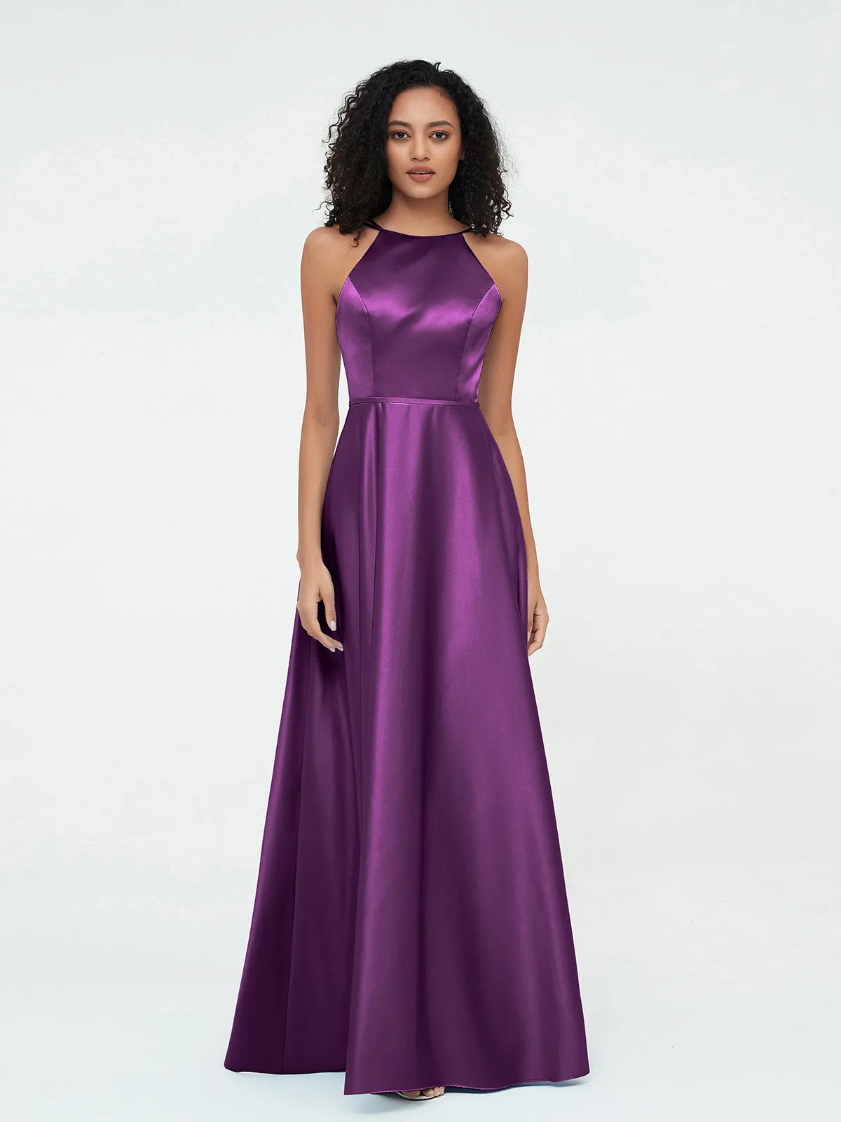 A-ligne Robes Maxi à Licou en Satin avec Poches Raisin