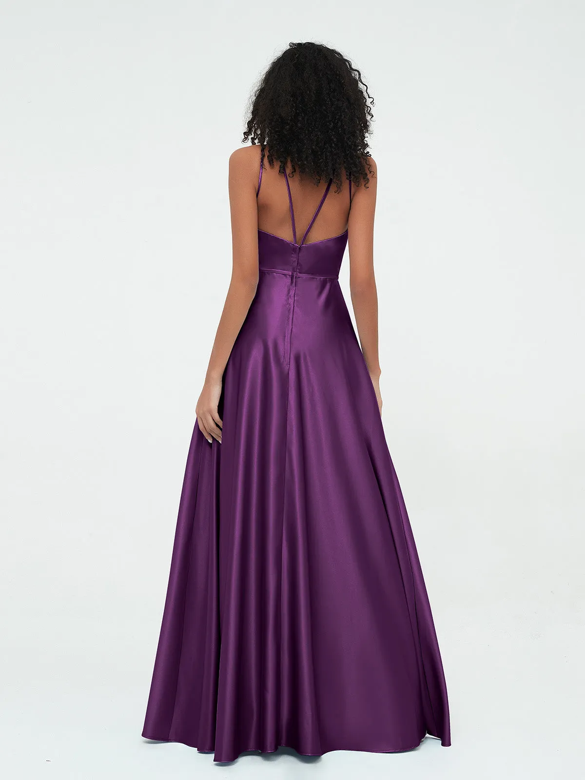 A-ligne Robes Maxi à Licou en Satin avec Poches Raisin