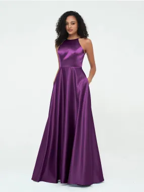 A-ligne Robes Maxi à Licou en Satin avec Poches Raisin