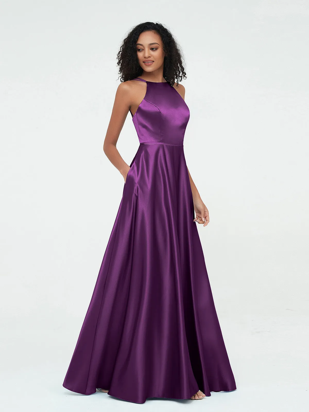 A-ligne Robes Maxi à Licou en Satin avec Poches Raisin