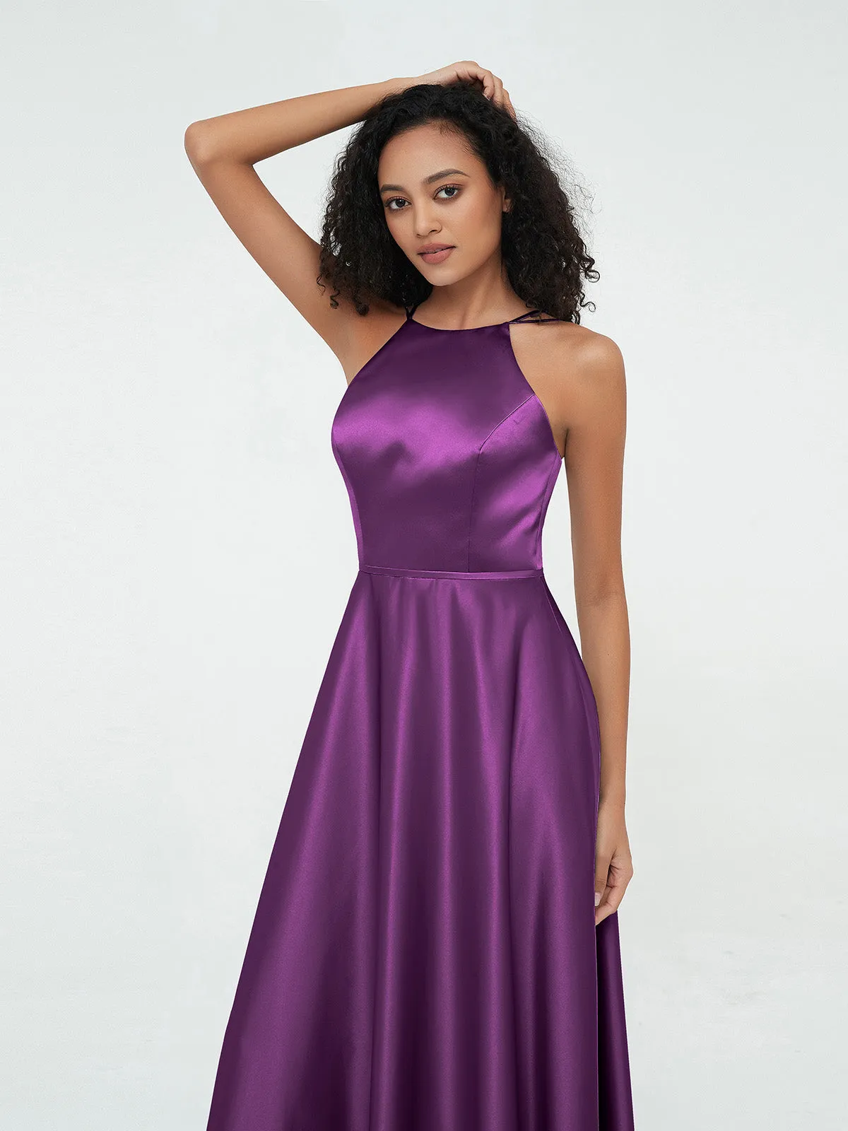 A-ligne Robes Maxi à Licou en Satin avec Poches Raisin