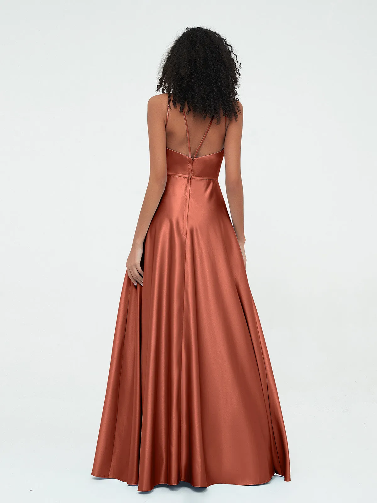 A-ligne Robes Maxi à Licou en Satin avec Poches Rouille Grande Taille