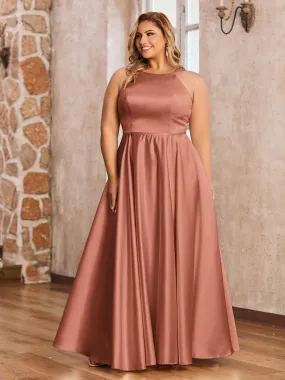 A-ligne Robes Maxi à Licou en Satin avec Poches Rouille Grande Taille