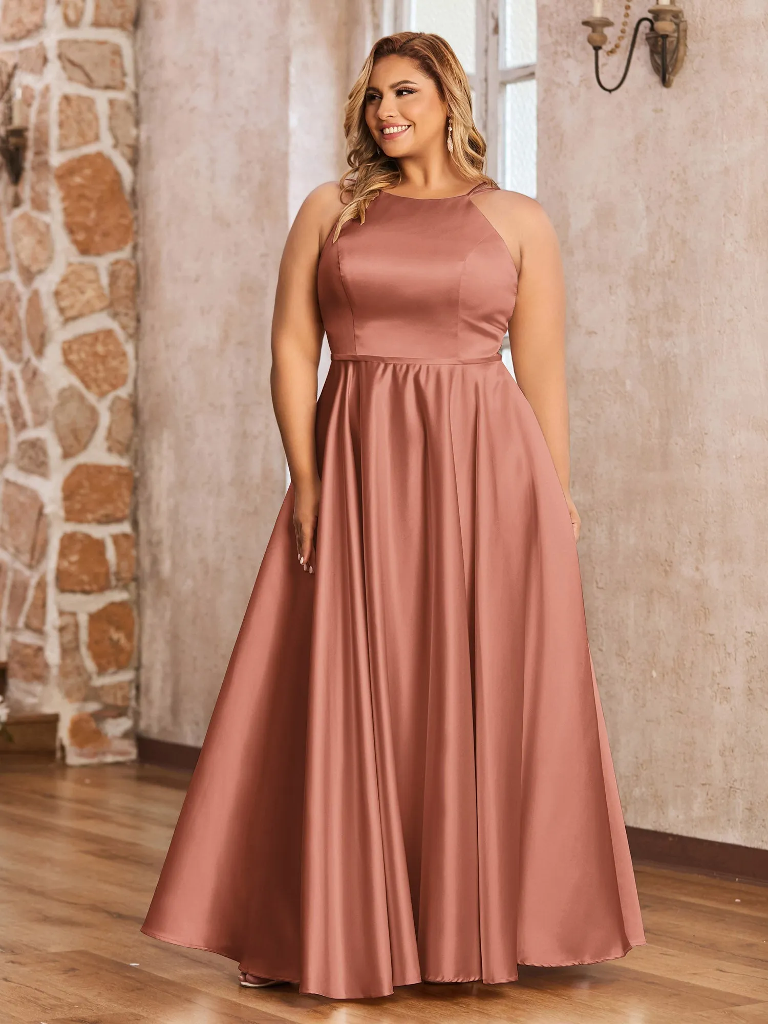 A-ligne Robes Maxi à Licou en Satin avec Poches Rouille Grande Taille