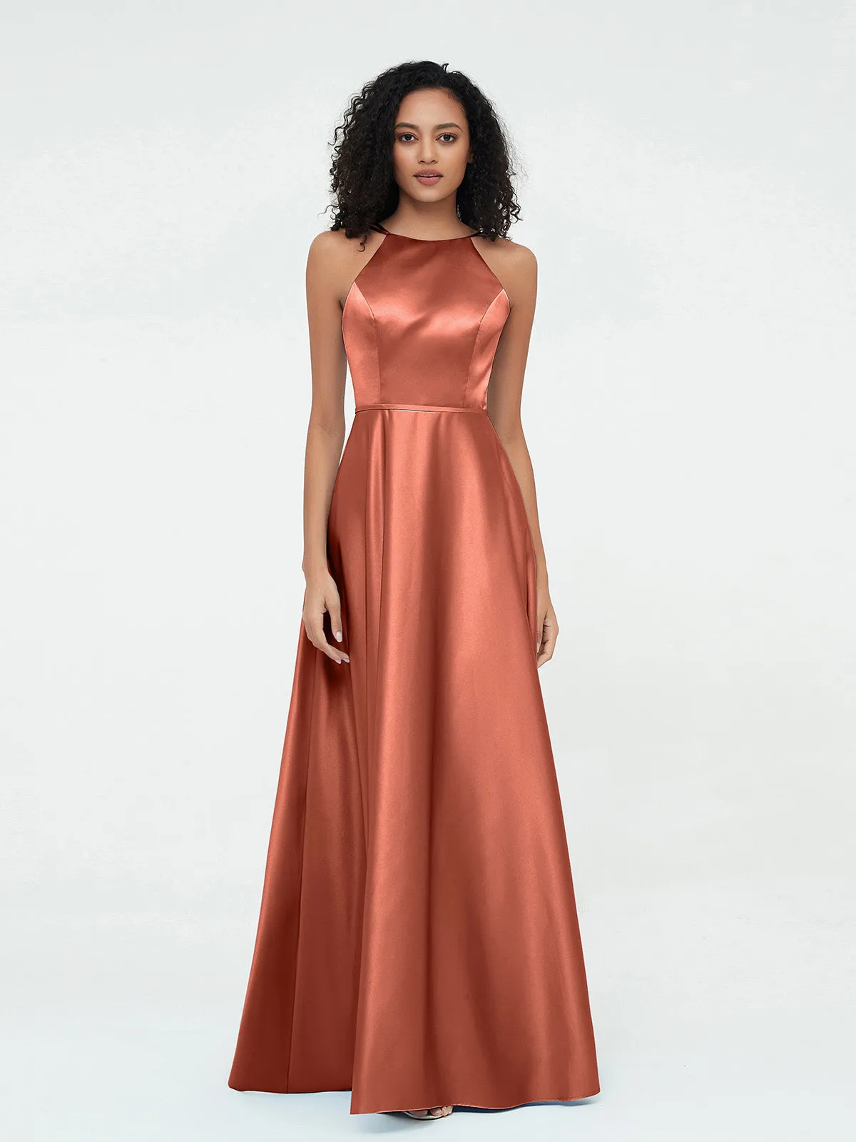 A-ligne Robes Maxi à Licou en Satin avec Poches Rouille Grande Taille